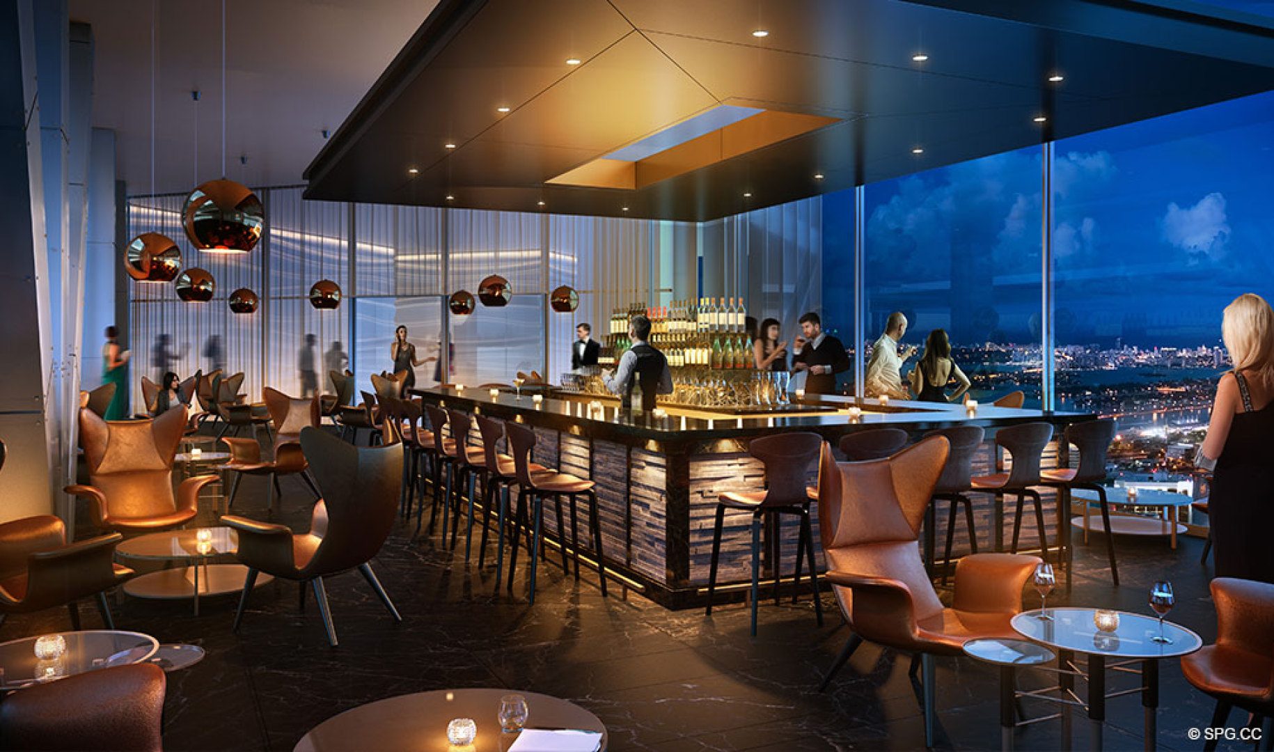 The Sky Terrace Cocktail Lounge at One River Point, Luxury Waterfront Condos in Miami, Florida 33130