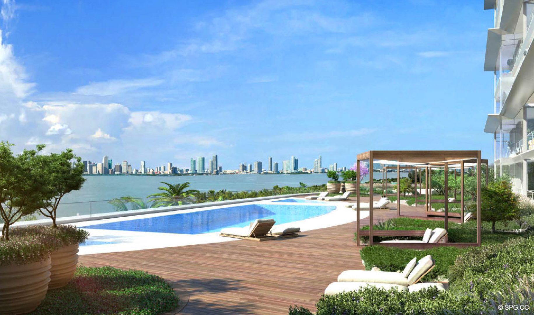 Waterfront Pool Area at 3900 Alton, Luxury Waterfront Condos in Miami Beach, Florida 33140