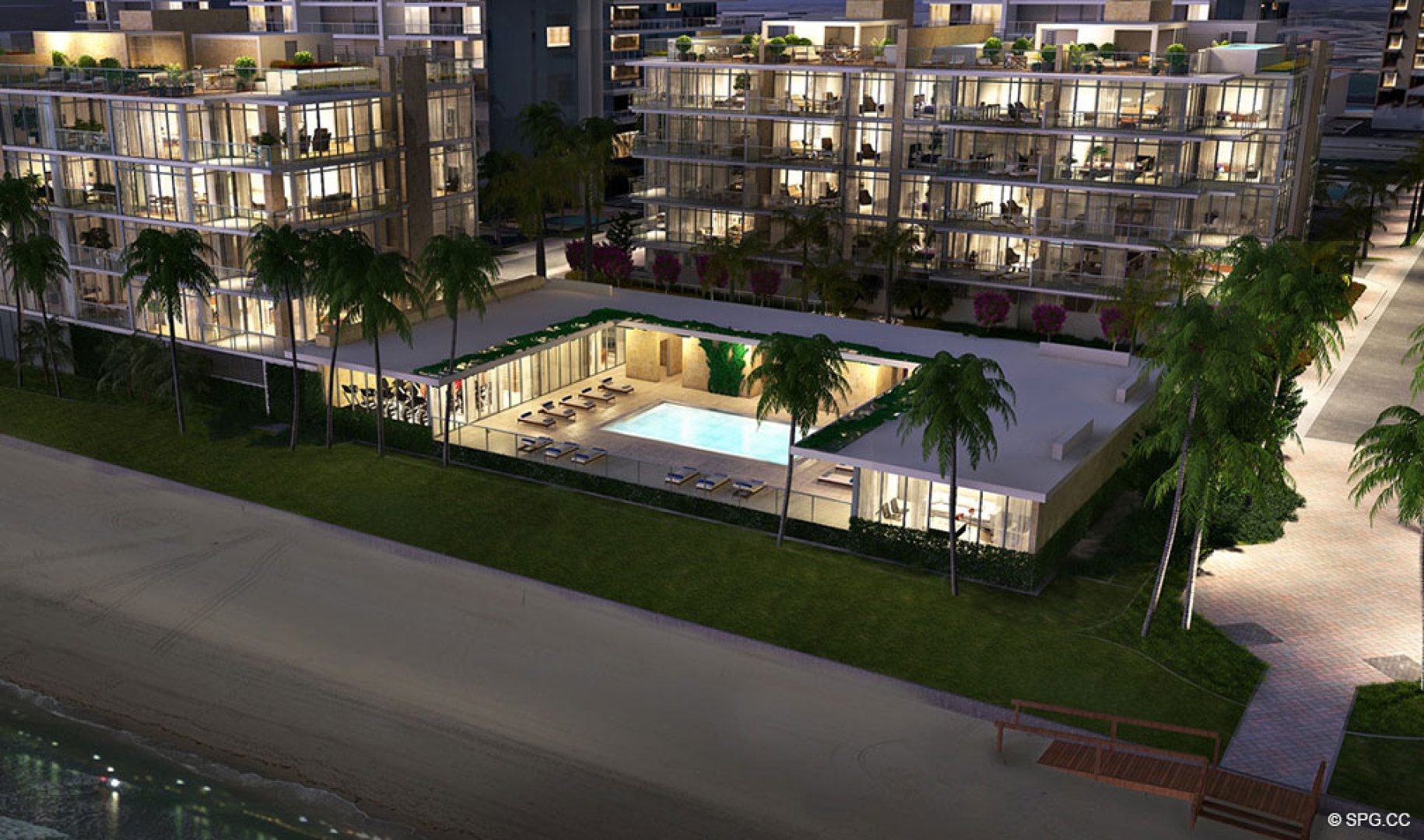 Evening Shot of the Pool Area at Sage Beach, Luxury Oceanfront Condos in Hollywood Beach Florida 33019