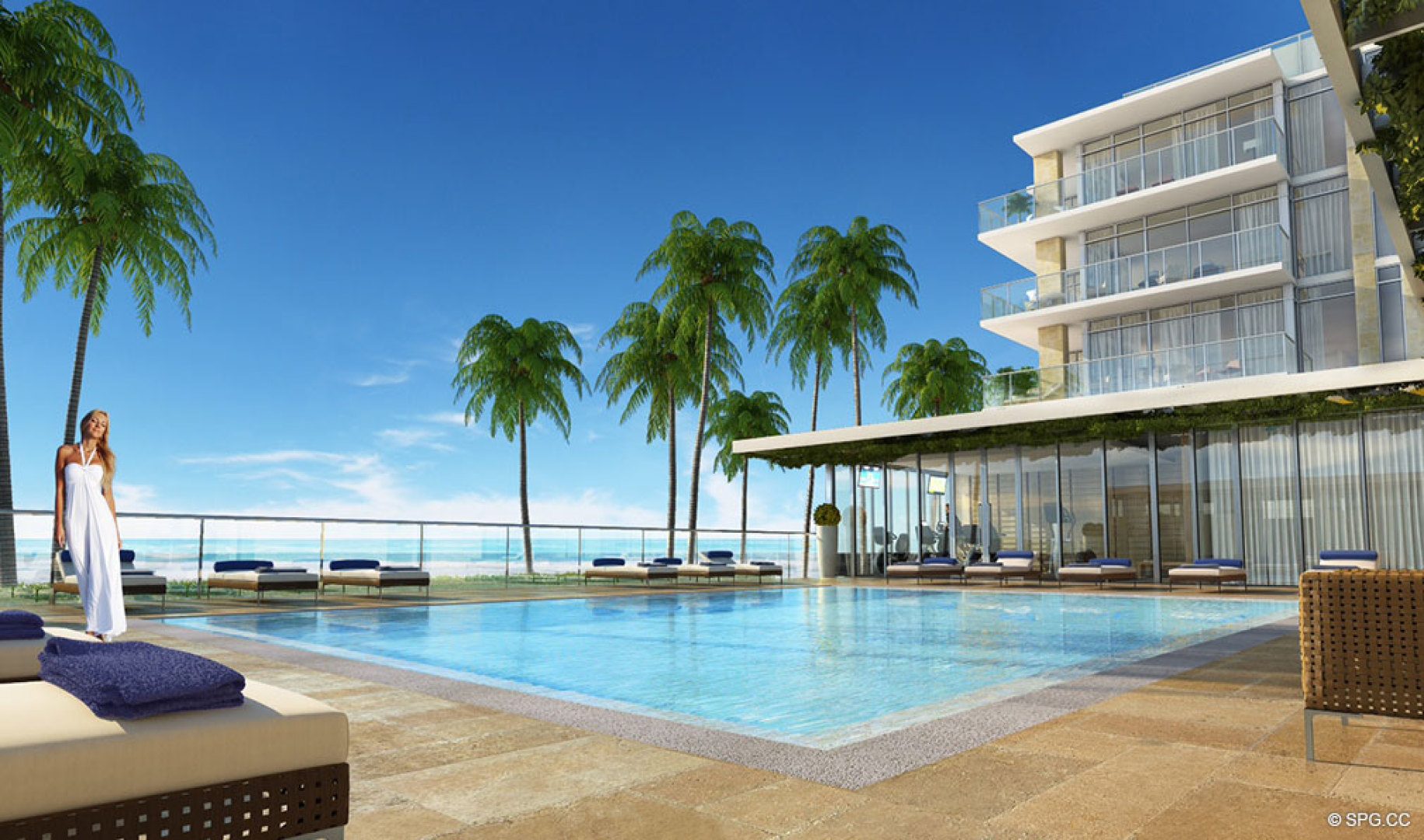 The Beachfront Pool Deck at Sage Beach, Luxury Oceanfront Condos in Hollywood Beach Florida 33019