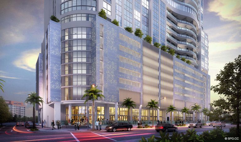 Ground Level View of 100 Las Olas, Luxury Condos in Fort Lauderdale, Florida 33301