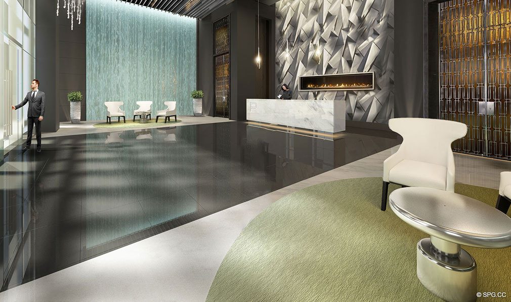 Main Lobby inside Paramount Miami Worldcenter, Luxury Seaside Condos in Miami, Florida 33132.