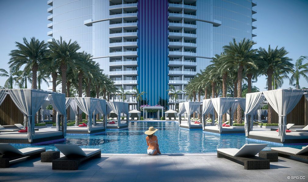 Upper Deck Pool Area at Paramount Miami Worldcenter, Luxury Seaside Condos in Miami, Florida 33132.