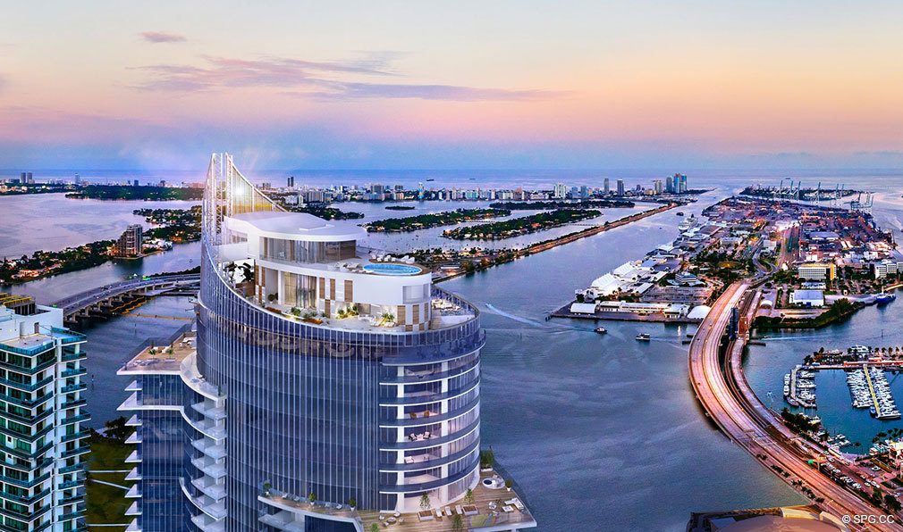 Aerial View of Tower Pool Deck at Paramount Miami Worldcenter, Luxury Seaside Condos in Miami, Florida 33132.