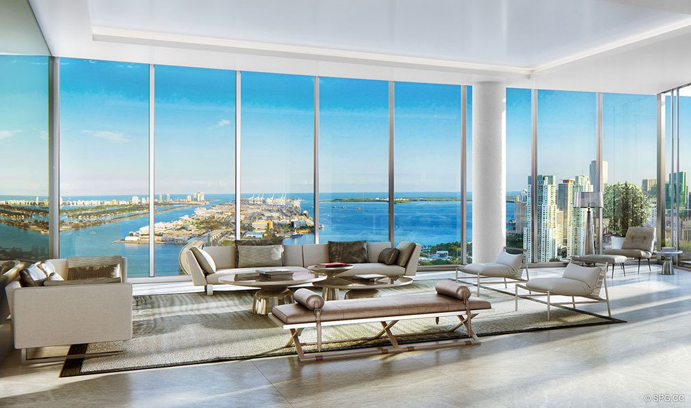 Penthouse Living Room Design in Paramount Miami Worldcenter, Luxury Seaside Condos in Miami, Florida 33132.