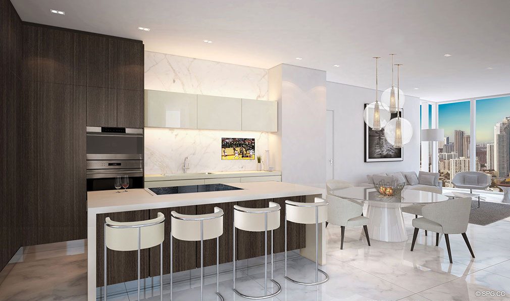 Three Bedroom Kitchen inside Paramount Miami Worldcenter, Luxury Seaside Condos in Miami, Florida 33132.