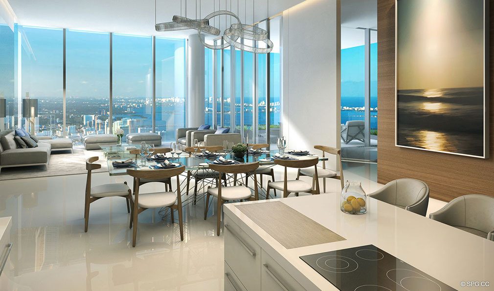 Dining and Living Area in Paramount Miami Worldcenter, Luxury Seaside Condos in Miami, Florida 33132.