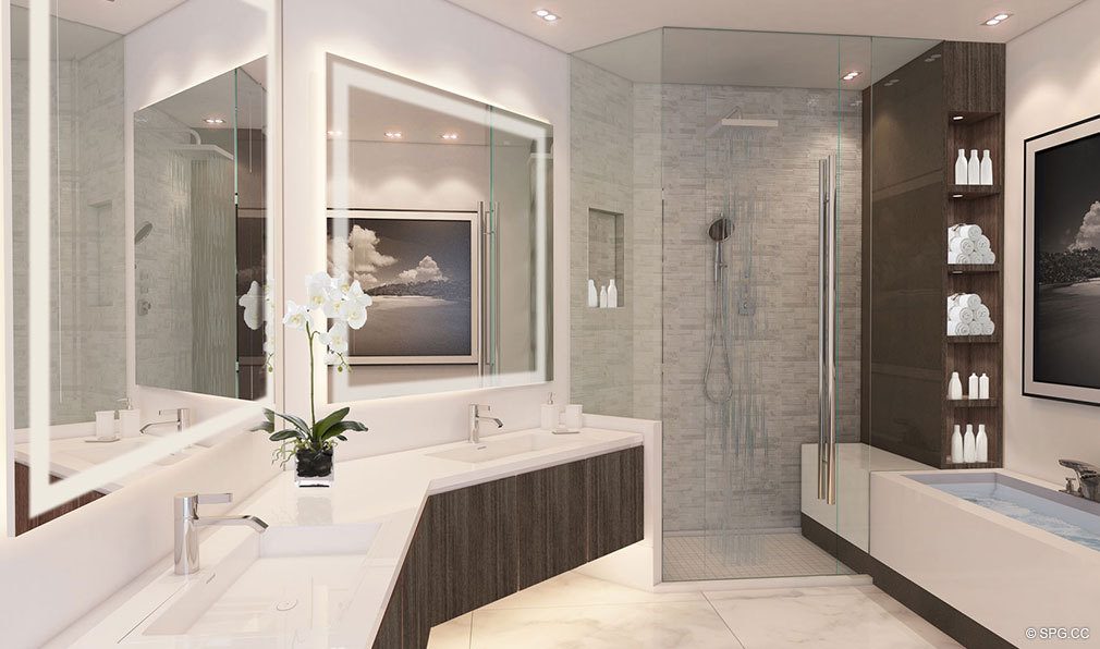 One and Two Bedroom Master Bath in Paramount Miami Worldcenter, Luxury Seaside Condos in Miami, Florida 33132.