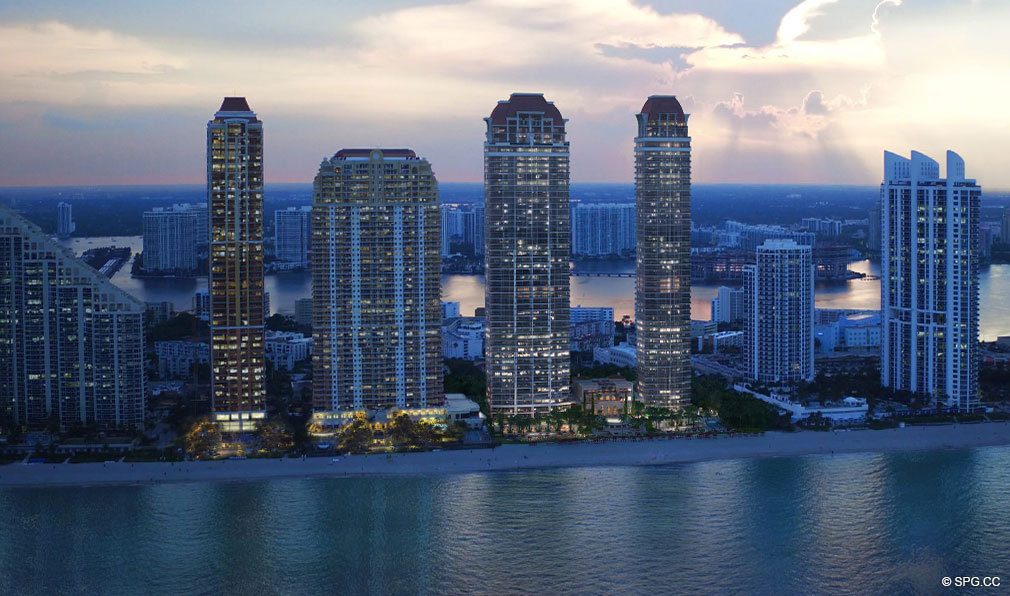 Evening Views of the Towers at Estates at Acqualina, Luxury Oceanfront Condos in Sunny Isles Beach, Florida 33160