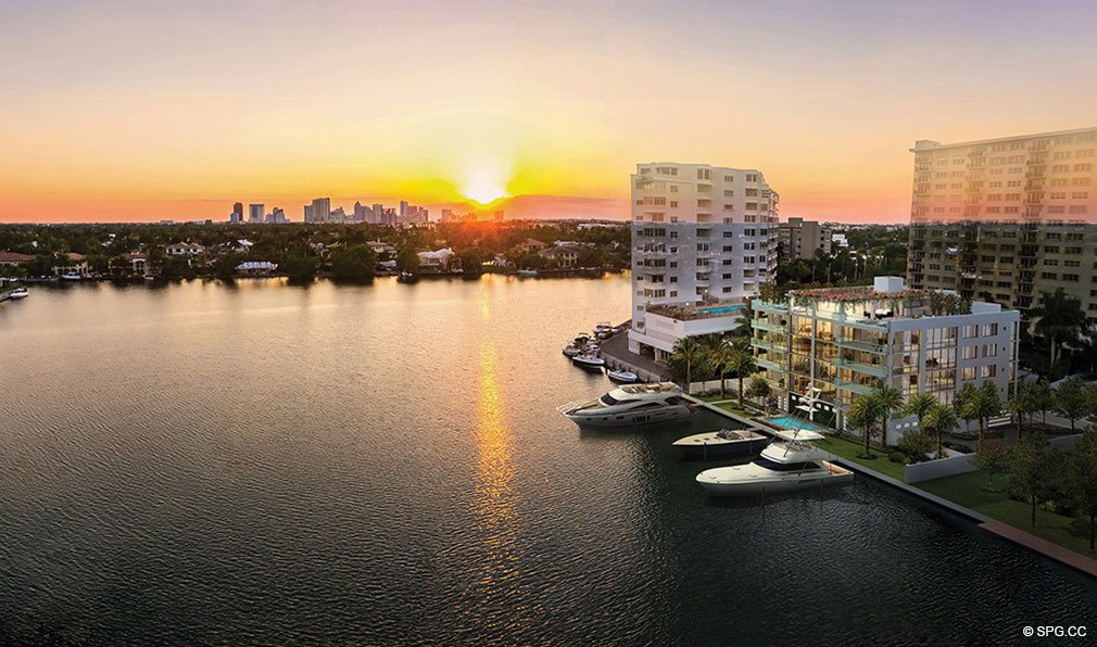 Sunset Aerial View of 353 Sunset, Luxury Waterfront Condos in Fort Lauderdale, Florida 33301