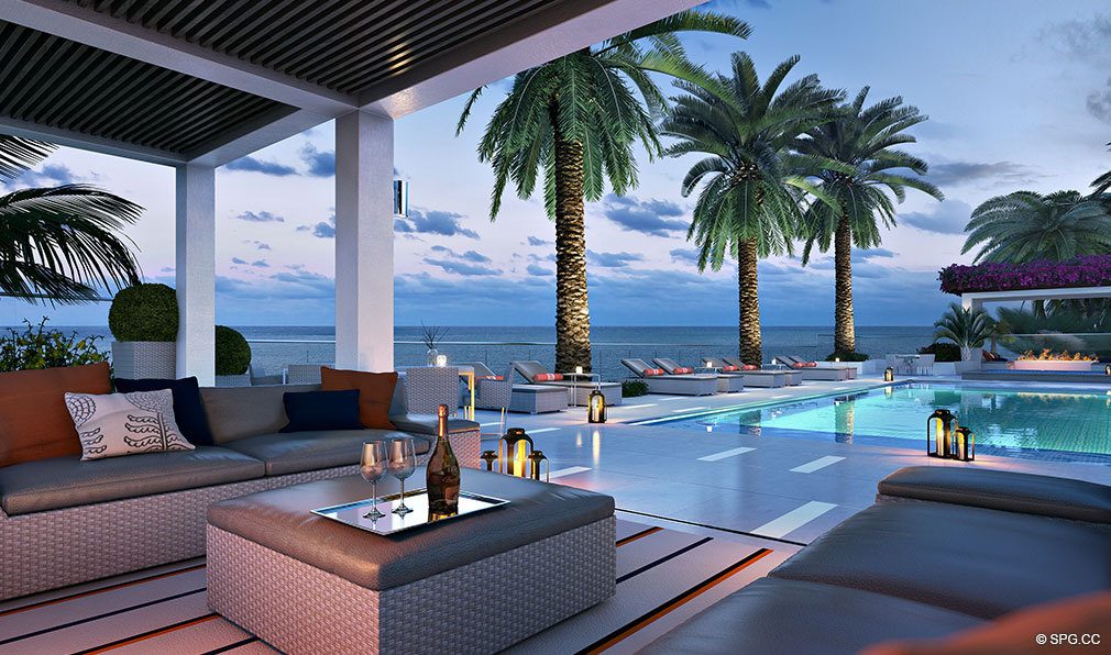 Pool Area at Dusk at VistaBlue Singer Island, Luxury Oceanfront Condos in Riviera Beach, Florida 33404