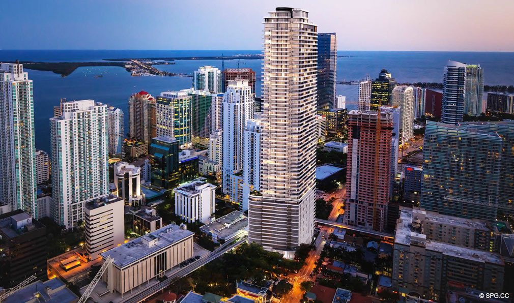 Evening Aerial View of Brickell Flatiron, Luxury Condos in Miami, Florida 33130