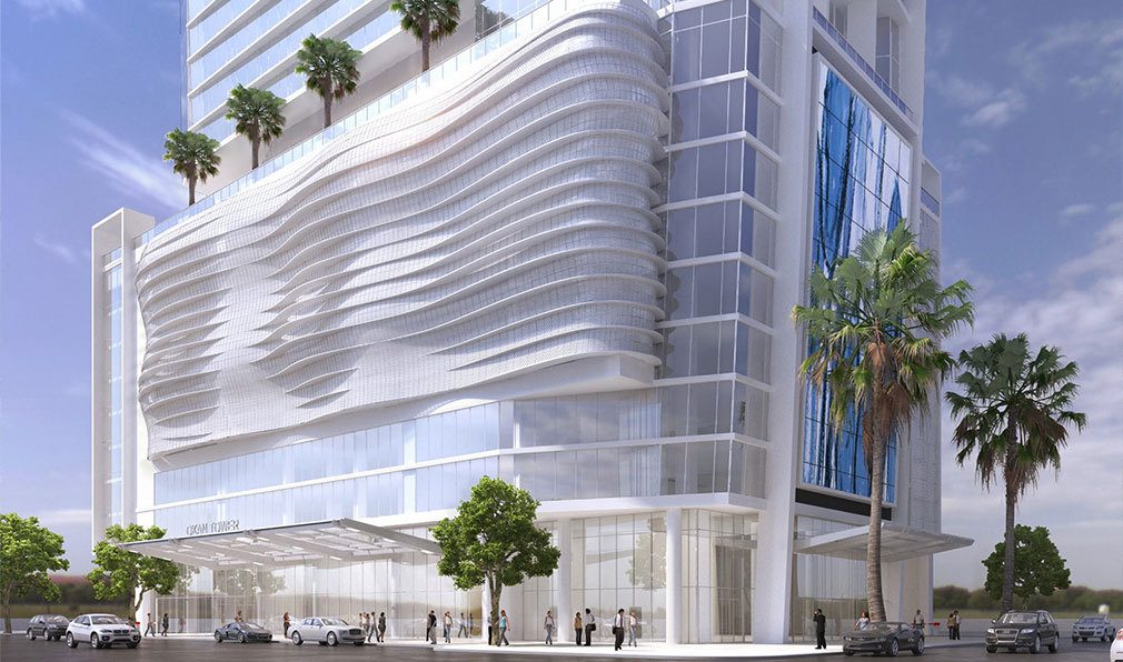 Street Level View of Okan Tower, Luxury Condos in Miami, Florida 33136