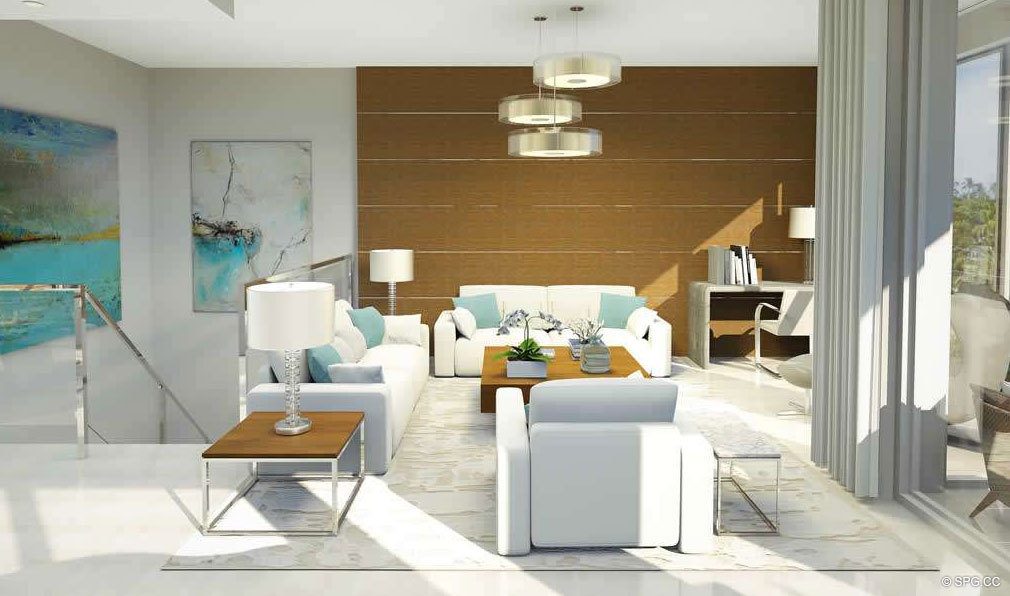 Living Room Design inside 30 Thirty North Ocean, Luxury Seaside Condos in Fort Lauderdale, Florida, 33308.