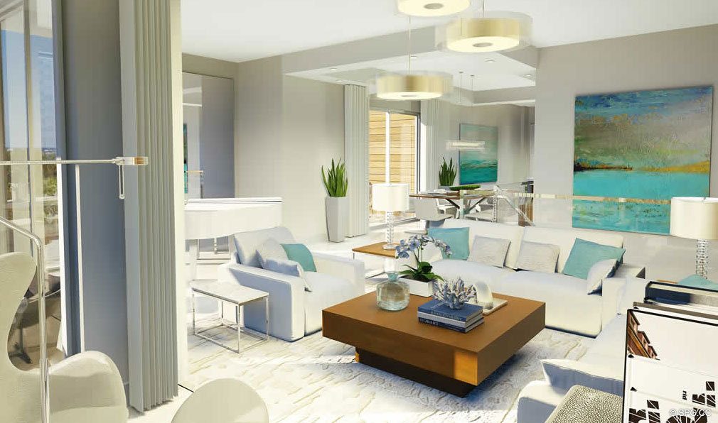 Exquisite Living Room Render in 30 Thirty North Ocean, Luxury Seaside Condos in Fort Lauderdale, Florida, 33308.