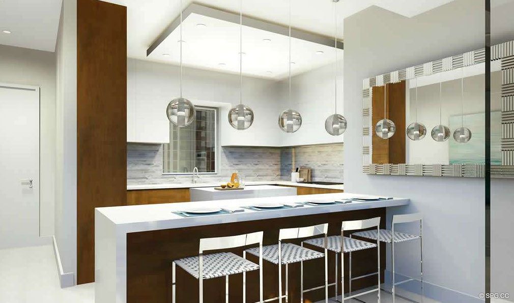 Kitchen with Bar Seating in 30 Thirty North Ocean, Luxury Seaside Condos in Fort Lauderdale, Florida, 33308.