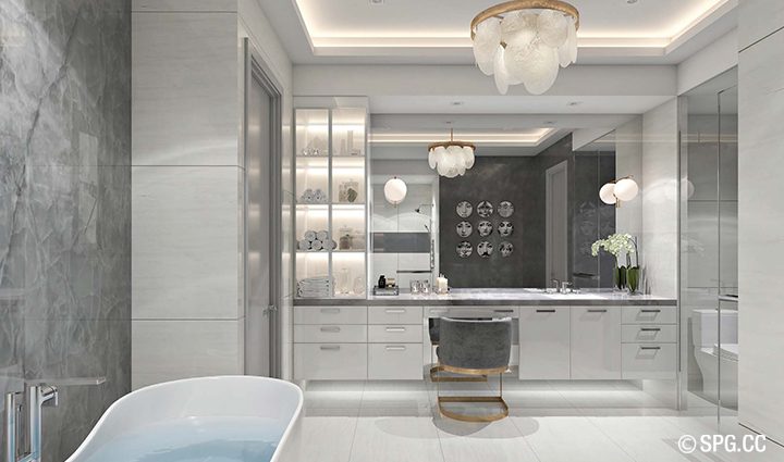 Spa-style baths feature premium European cabinetry, and dramatic porcelain flooring and walls, walk-in showers, and Toto Aquia® Washlets®.