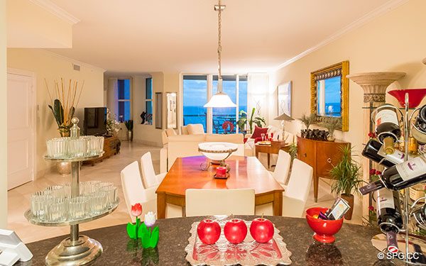 View from Kitchen into the Living Room in Residence 22a, Tower II at The Palms, Luxury Oceanfront Condos. 2110 North Ocean Blvd. Fort Lauderdale, Florida 33305