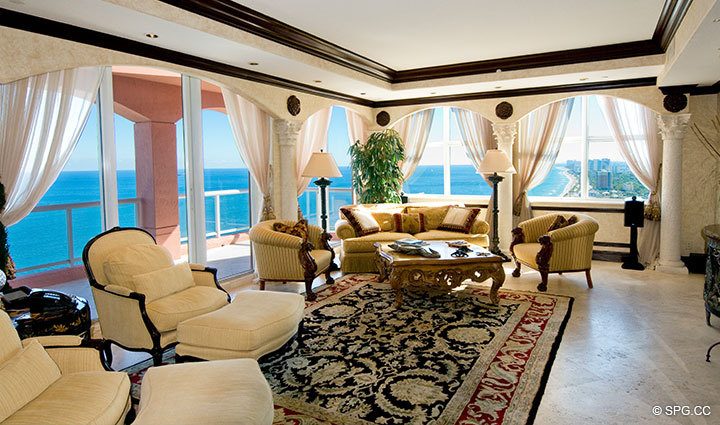 Living Area at Luxury Oceanfront Residence 27D, Tower I, The Palms Condominium, 2100 North Ocean Boulevard, Fort Lauderdale Beach, Florida 33305, Luxury Seaside Properties