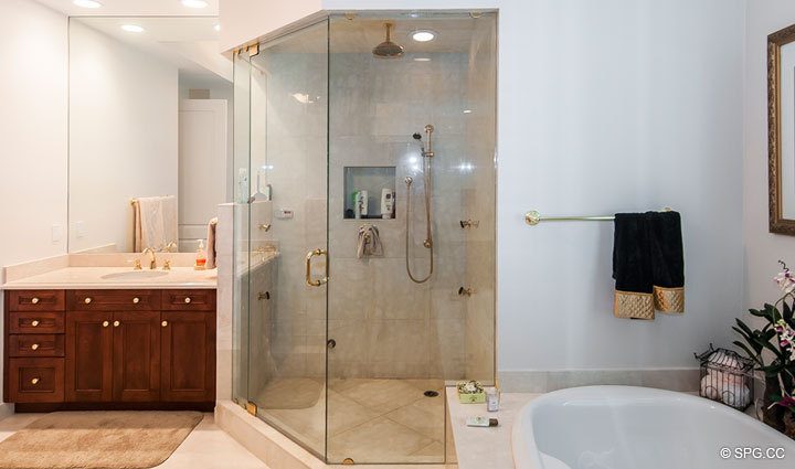 Large Master Bath inside Residence 508 at Bellaria, Luxury Oceanfront Condominiums in Palm Beach, Florida 33480.
