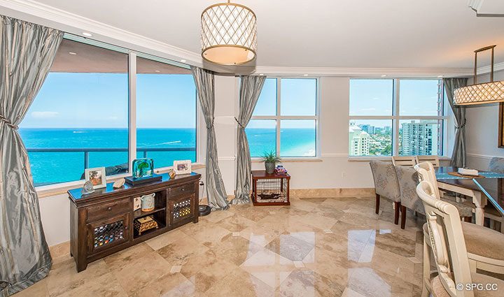Dining Room View in Residence 17B, Tower II at The Palms, Luxury Oceanfront Condos in Fort Lauderdale, Florida 33305.