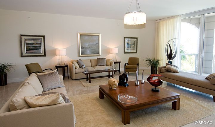 Beautifully Furnished Living Room in Residence 304 at Bellaria, Luxury Oceanfront Condominiums in Palm Beach, Florida 33480.