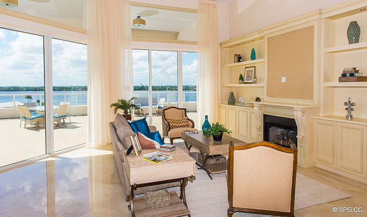 Family Room with Terrace Access in Penthouse 4 at Bellaria, Luxury Oceanfront Condominiums in Palm Beach, Florida 33480.