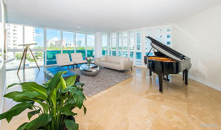 Living Room in Residence 504 at La Rive, Luxury Waterfront Condos in Fort Lauderdale, Florida 33304.