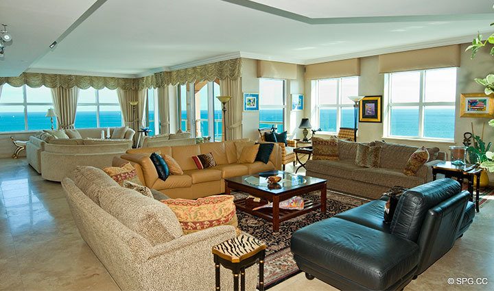 Living Room at Luxury Oceanfront Residence 28A, Tower II, The Palms Condominiums, 2110 North Ocean Boulevard, Fort Lauderdale Beach, Florida 33305, Luxury Seaside Condos