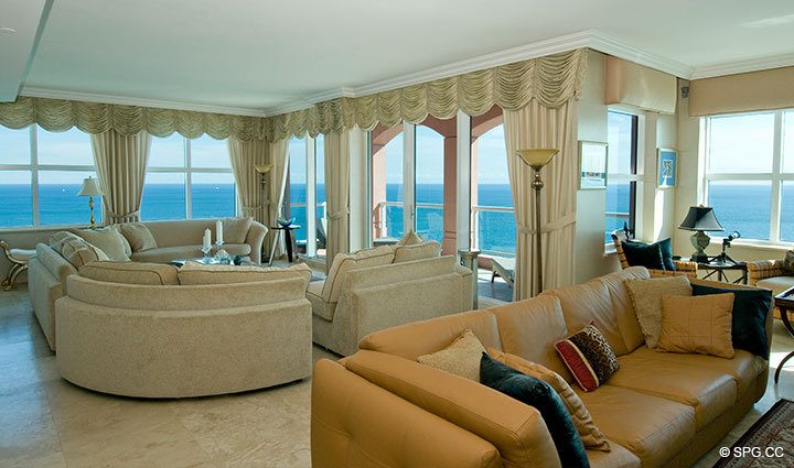 Living Room at Luxury Oceanfront Residence 28A, Tower II, The Palms Condominiums, 2110 North Ocean Boulevard, Fort Lauderdale Beach, Florida 33305, Luxury Seaside Condos