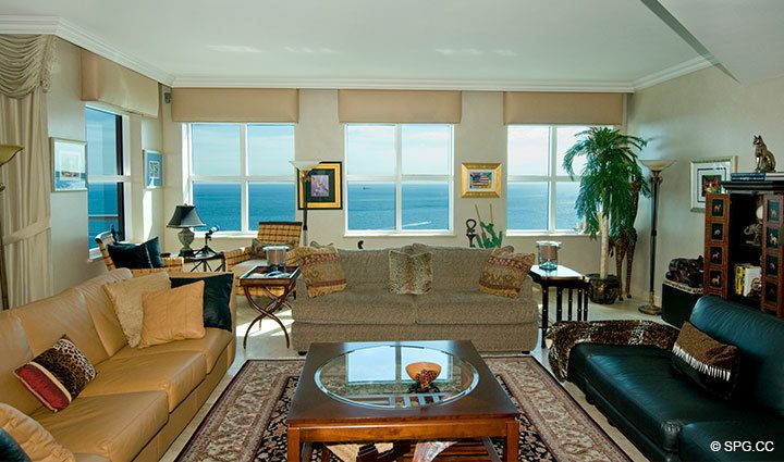 Living Room at Luxury Oceanfront Residence 28A, Tower II, The Palms Condominiums, 2110 North Ocean Boulevard, Fort Lauderdale Beach, Florida 33305, Luxury Seaside Condos