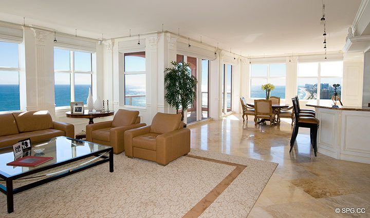 Living Area at Luxury Oceanfront Residence 26D, Tower I, The Palms Condominium, 2100 North Ocean Boulevard, Fort Lauderdale Beach, Florida 33305, Luxury Seaside Condos