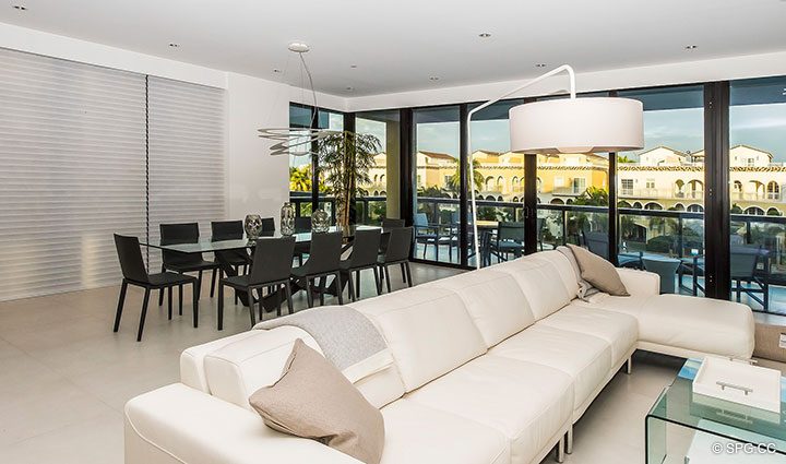 Dining and Living Room in Residence 301 at AquaVita Las Olas, Luxury Waterfront Condos Fort Lauderdale, Florida 33301