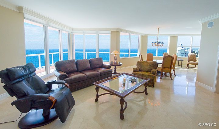 Living Room at Luxury Oceanfront Residence 16B, Tower II, The Palms Condominium, 2110 North Ocean Boulevard, Fort Lauderdale, Florida 33305, Luxury Seaside Condos