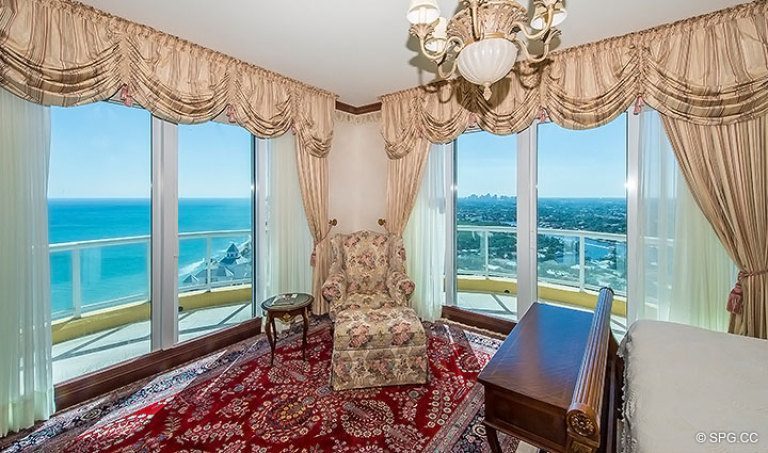 Bedroom with Floor to Ceiling Glass and Terrace in Grand Penthouse 30A, Tower II at The Palms, Luxury Oceanfront Condos in Fort Lauderdale, South Florida 33305