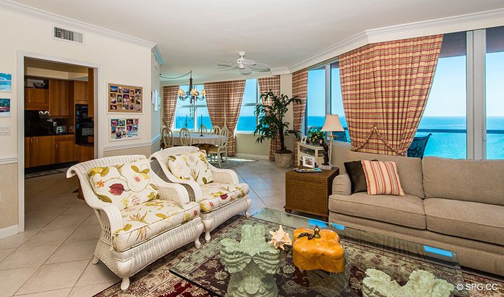 Living Room Ocean Views from Residence 20E, Tower 2 at The Palms, Luxury Oceanfront Condominiums Fort Lauderdale, Florida 33305