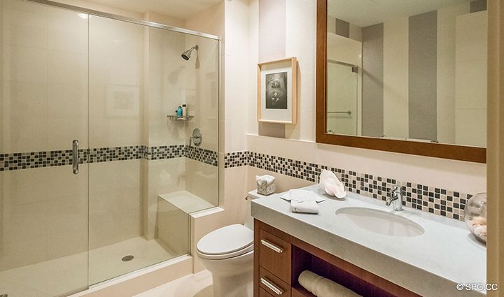 Guest Bath inside Residence 501 For Sale at 1000 Ocean, Luxury Oceanfront Condos in Boca Raton, Florida 33432.