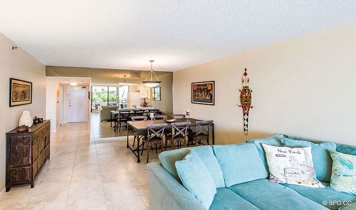 Living and Dining Room Combo in Residence 214 at The Concordia West, Luxury Waterfront Condos in Palm Beach, Florida 33480