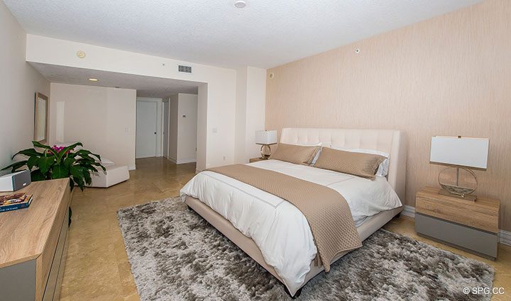 Master Bedroom in Residence 504 at La Rive, Luxury Waterfront Condos in Fort Lauderdale, Florida 33304.