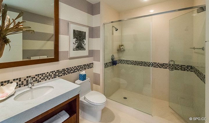 Guest Bathroom inside Residence 501 For Sale at 1000 Ocean, Luxury Oceanfront Condos in Boca Raton, Florida 33432.
