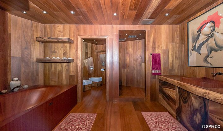 Exotic Wood Master Bath inside Residence 3806 at Portofino Tower, Luxury Waterfront Condominiums in Miami Beach, Florida 33139