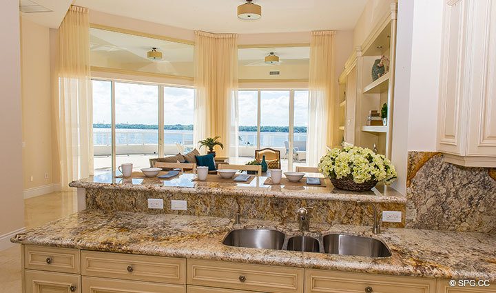 View from Kitchen inside Penthouse 4 at Bellaria, Luxury Oceanfront Condominiums in Palm Beach, Florida 33480.