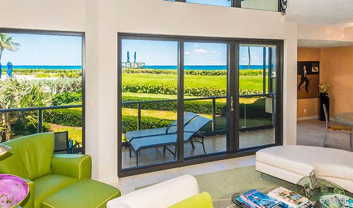 Living Room View inside Residence 1-101 at Oasis, Luxury Oceanfront Condos in Palm Beach, Florida 33480.