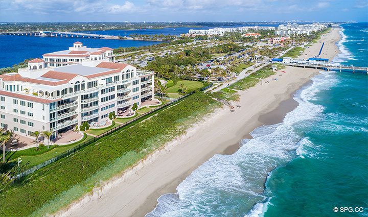 Northern Aerial Beach View of Residence 304 at Bellaria, Luxury Oceanfront Condominiums in Palm Beach, Florida 33480.