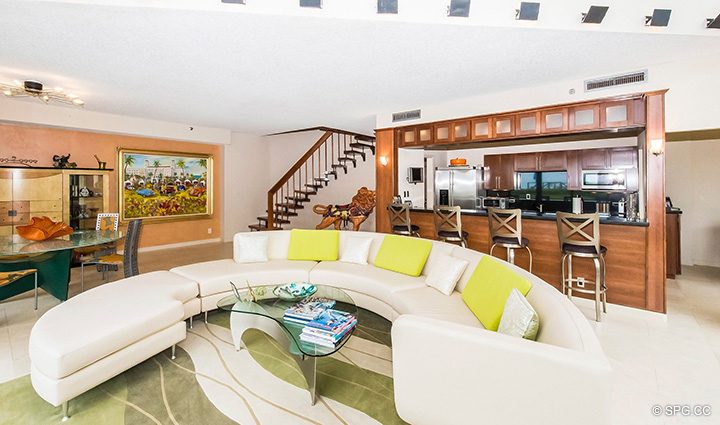 Spacious Living Room in Residence 1-101 at Oasis, Luxury Oceanfront Condos in Palm Beach, Florida 33480.