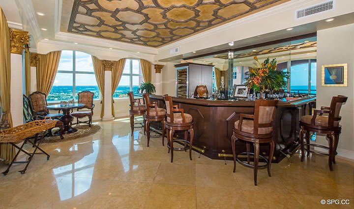 Custom Bar for Entertaining inside Penthouse Residence 27D, Tower II at The Palms, Luxury Oceanfront Condos in Fort Lauderdale, Florida, 33305
