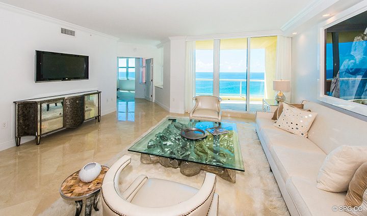 Ocean Views from Living Room in Residence 15A, Tower II For Rent at The Palms, Luxury Oceanfront Condos Fort Lauderdale, Florida 33305