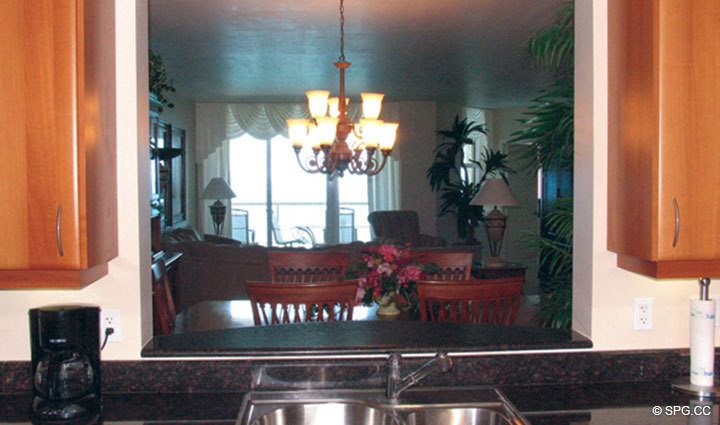 Kitchen to Dining Area at Luxury Oceanfront Residence 21D, Tower II, The Palms Condominiums, 2110 North Ocean Boulevard, Fort Lauderdale Beach, Florida 33305, Luxury Seaside Condos