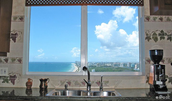 View from Kitchen at Luxury Oceanfront Residence 27D, Tower I, The Palms Condominium, 2100 North Ocean Boulevard, Fort Lauderdale Beach, Florida 33305, Luxury Seaside Properties