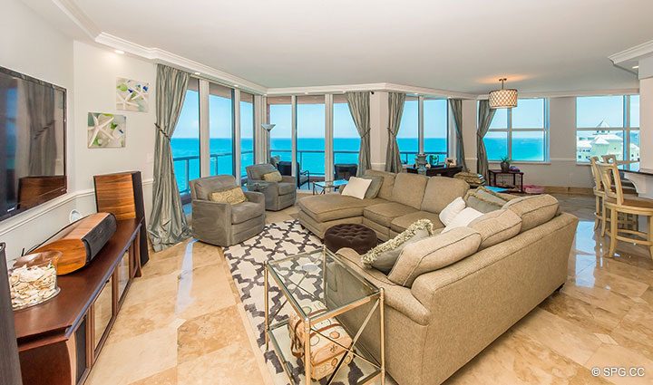 Living Room inside Residence 17B, Tower II at The Palms, Luxury Oceanfront Condos in Fort Lauderdale, Florida 33305.